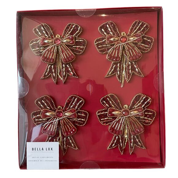 Sugarplum Dreams Beaded Bow Ornaments Set of 4 Holiday Red & Gold Glam New - Picture 8 of 13